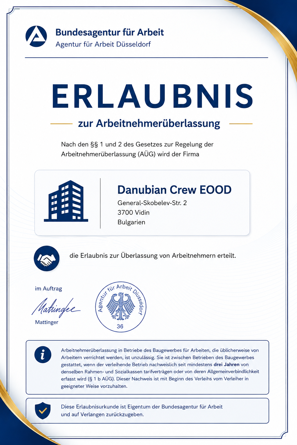 Erlaubnis zur Arbeitnehmerüberlassung — Bundesagentur für Arbeit, Agentur für Arbeit Düsseldorf, Danubian Crew EOOD